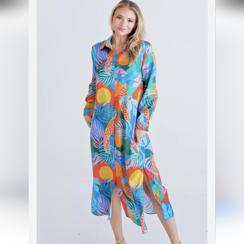 KARLIE Maxi Satin Shirt Dress Tropical Print, Size S Small bright colorful vacay